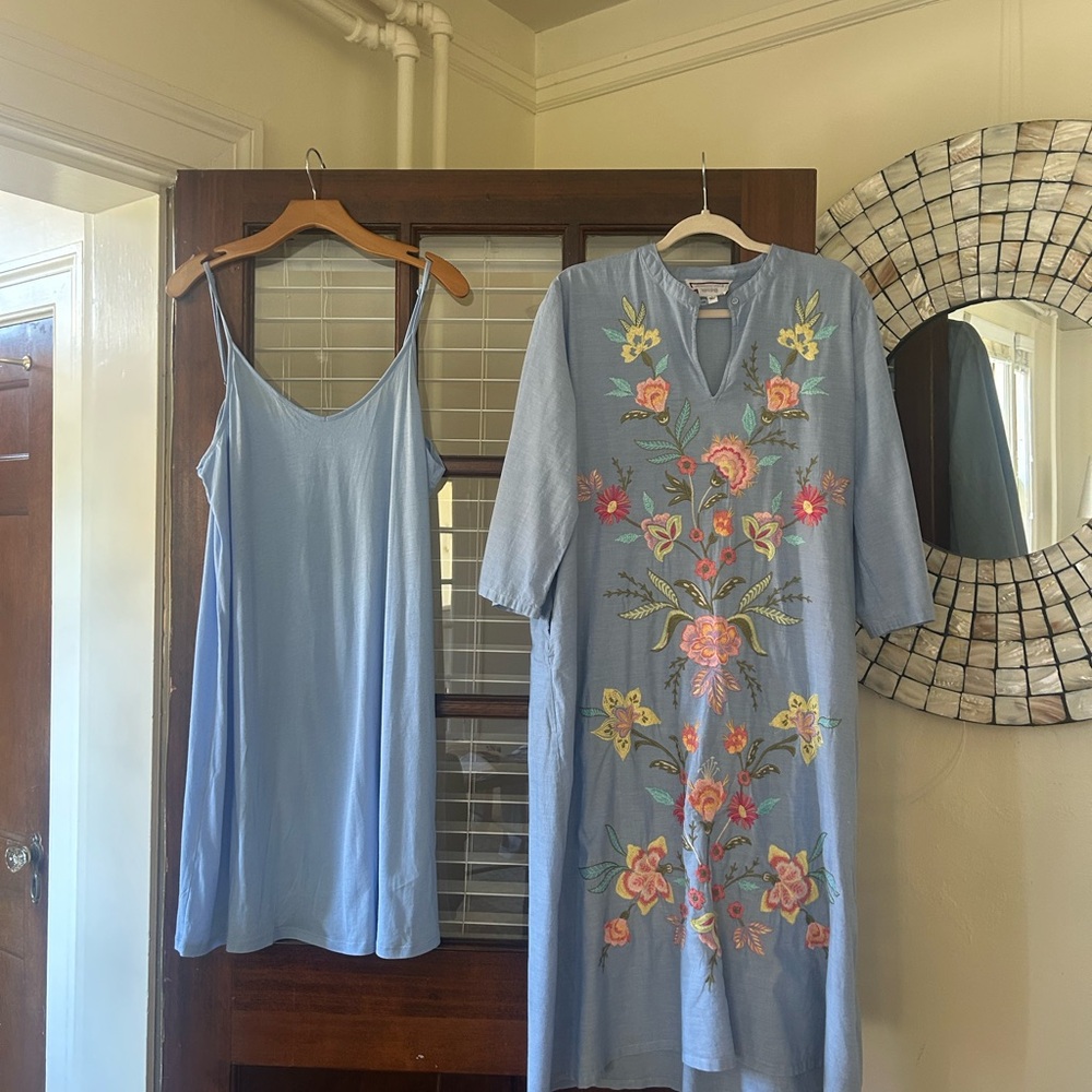 Floral Embroidered Blue Dress with Slip